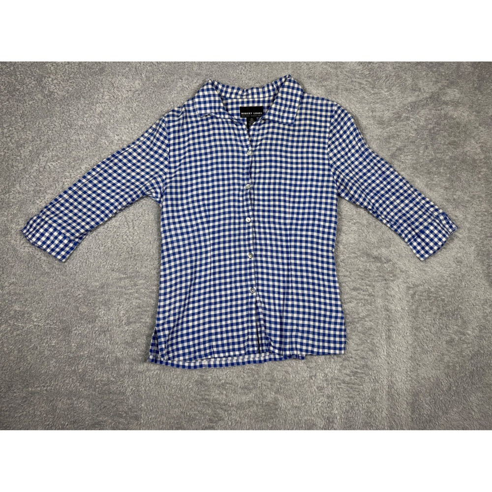 Robert Louis‎ Button Down Women Small Blue Gingham  Linen 3/4 Sleeve Top